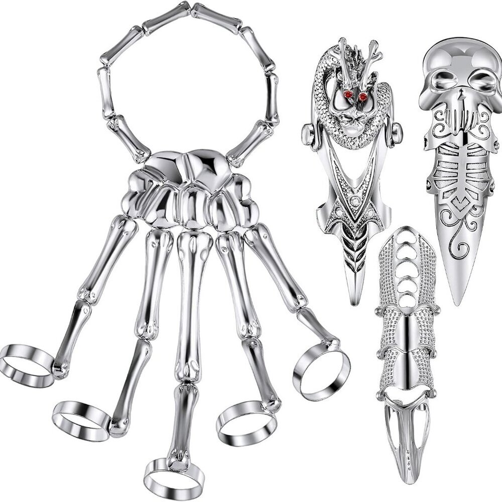 4 Pieces Punk Wristband Hand Bracelet Skull Skeleton Joint Bracelet Knuckle Full